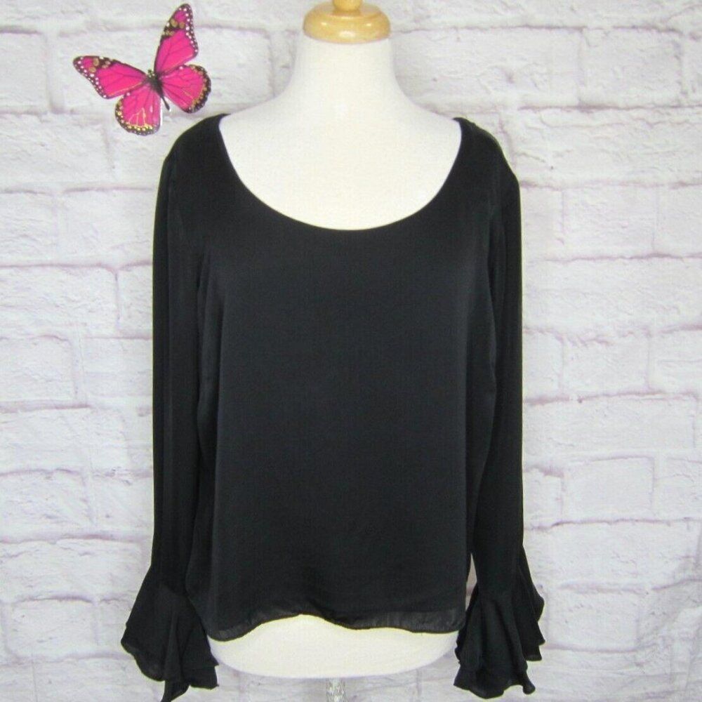 Lauren Ralph Lauren Black Lined Long Ruffled Bell Sleeve Silk Top size 14W
